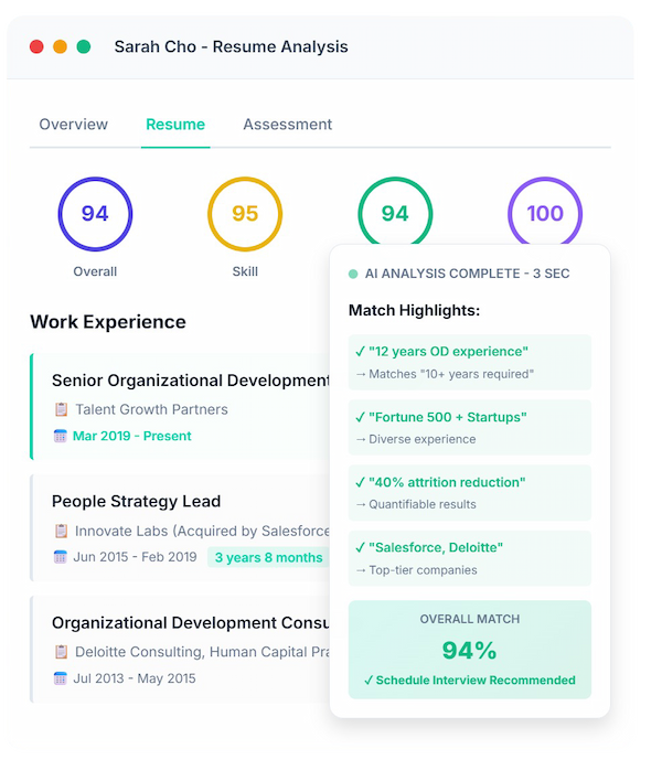 Serand AI analyzing candidate resume showing 94% match score with detailed work experience and AI-powered recommendations